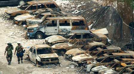 Rusted out cars at ground zero